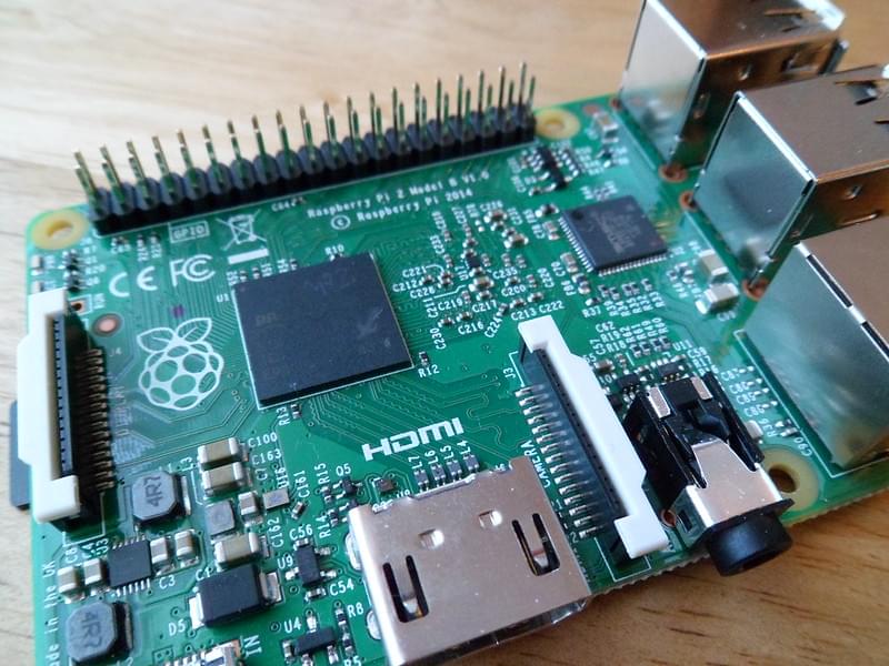 A Raspberry Pi computer circuit board